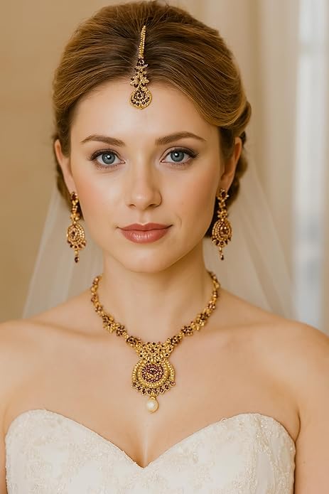 Touchstone Indian jewelry sets for women maang tikka wedding guest gold necklace bollywood jewellery set pageant elegant prom bride accessories western crystal chunky rhinestone necklaces