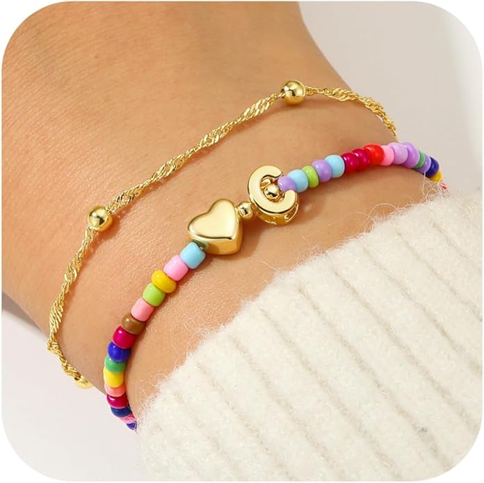 Ursteel Valentines Day Gifts for Kids Teen Girls - 14K Gold Plated Beaded Letter A-Z Bracelet, Layered Stretch Initial Bracelets, Women Trendy Bohemian Jewelry Birthday Gifts