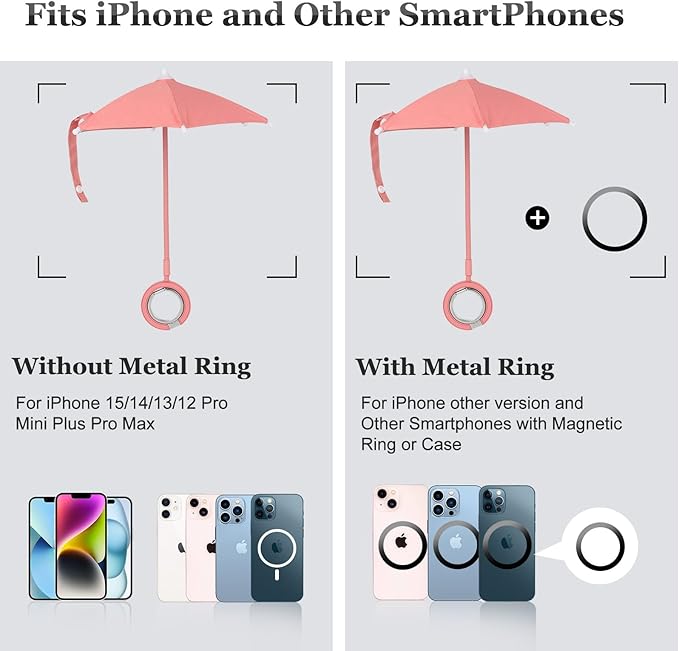 Magnetic Umbrella Phone Stand for Sun Protection,Adjustable Sun Shade Shield for iPhone 16/15/14/13/12 Pro Max,Samsung & Google,Detachable Ring Stand,Heat-Resistant Design,Car Mount Compatible, Pink
