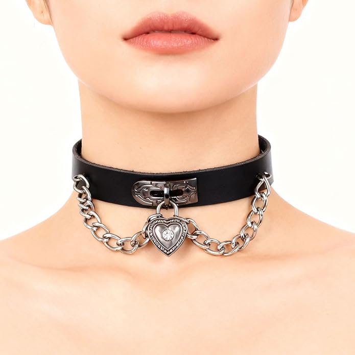 Goth Heart Chain Choker Necklace, Gothic Punk Grunge Emo Necklace, PU Leather Choker, Halloween Jewelry Gifts for Women
