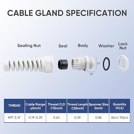 Strain Relief Cord Connector,LISTENJIALE 2Pcs NPT 3/8" Waterproof Cable Gland Flex Spiral Strain Relief Adjustable 5-10mm Cable Connector Nylon Joint with Gaskets(Grey)