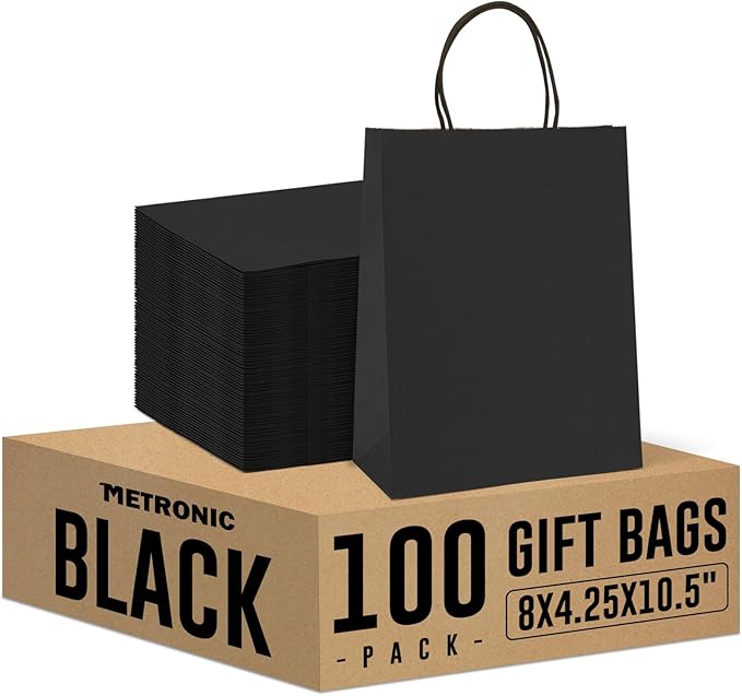 METRONIC 100 Pack 8x4.75x10.5 Inches Paper Gift Bags Black, Medium Kraft Shopping Bag with Handles for Small Business, Boutique, Party Favors, Retail Stores, Gift Wrap, Bulk