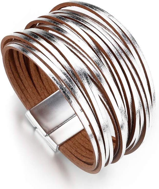 Fesciory Leather Wrap Bracelets for Women, Boho Leopard Multi-Layer Crystal Beads Cuff Bracelet Jewelry
