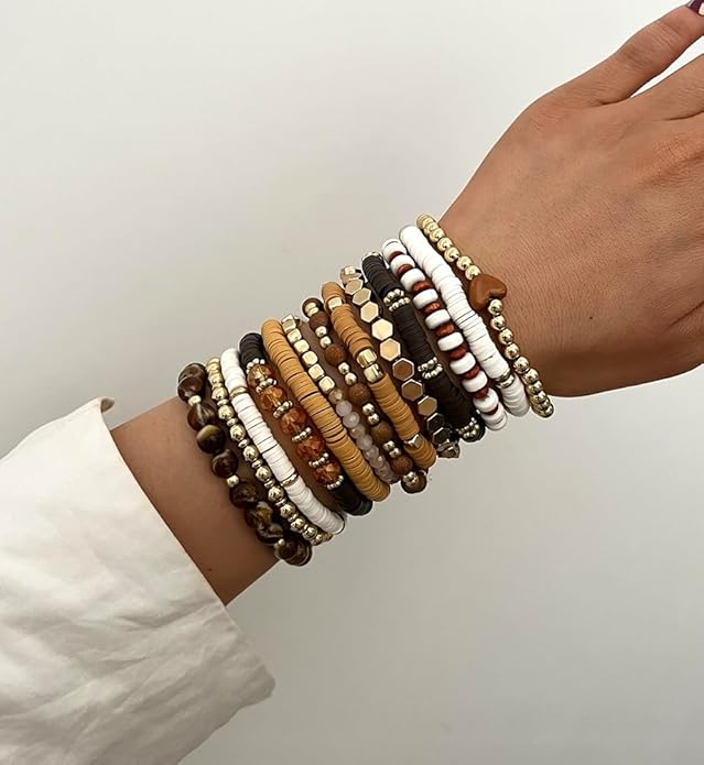 iF YOU 13pcs Heishi Clay Beaded Stretch Bracelets for Women, Boho Gold Surfer Stackable Bracelet Stacks White Brown Black Beach Jewelry