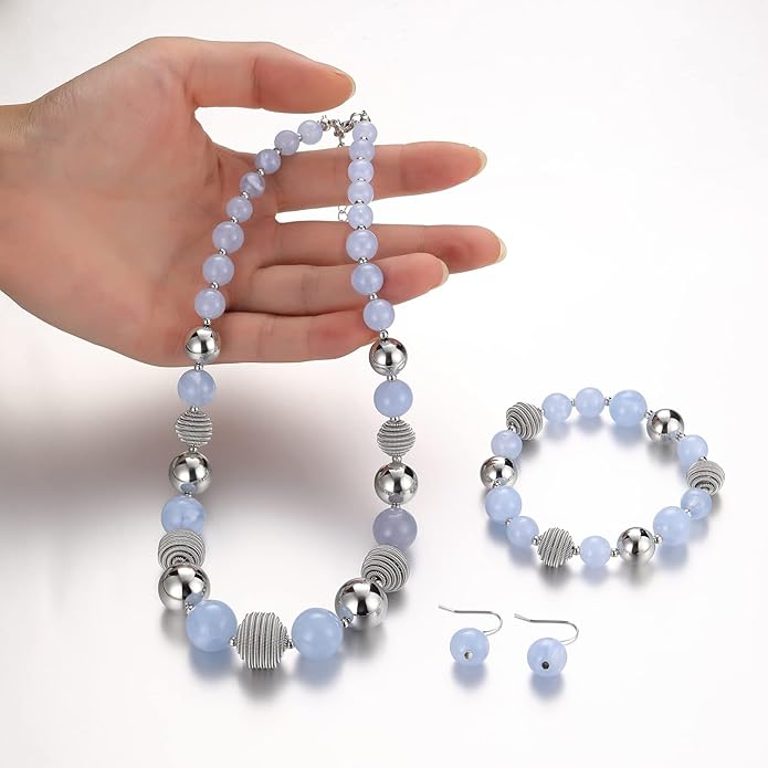 PEARL&CLUB Beaded Chunky Statement Necklace Earring and Bracelet Set Silver Metal Bead Fashion Jewelry Set Mothers’ Day Gifts for Women