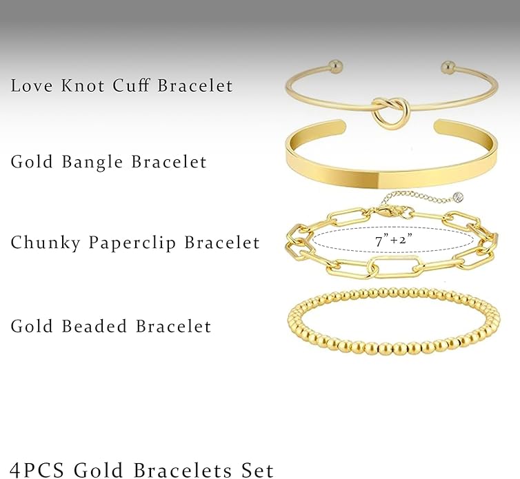 Gold Bracelets for Women 18k Gold Plated Bracelet Stack Bangle Cuff Bracelet Set for Women Non Tarnish Beaded/Paperclip/Cuban Link Chain Bracelets Jewelry for Women Trendy