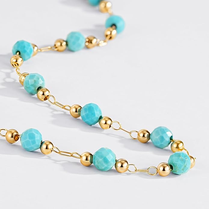 MEVECCO Gold Round Turquoise Beaded Bracelets,14K Gold Plated Handmade Cute Dainty Bracelet for Women