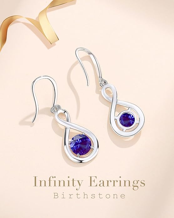 FANCIME Valentines Day Gift Dangle Drop Earrings 925 Sterling Silver Dainty Infinity Round Gemstone Birthstone Jewelry Birthday Gifts for Her Women
