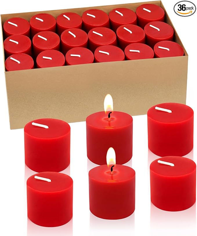 36 Packs Red Votive Candles, 10 Hours Small Unscented 1.5 Inch Diameter Colored Wax Candles for Christmas Wedding, Party, Holiday & Home Decoration