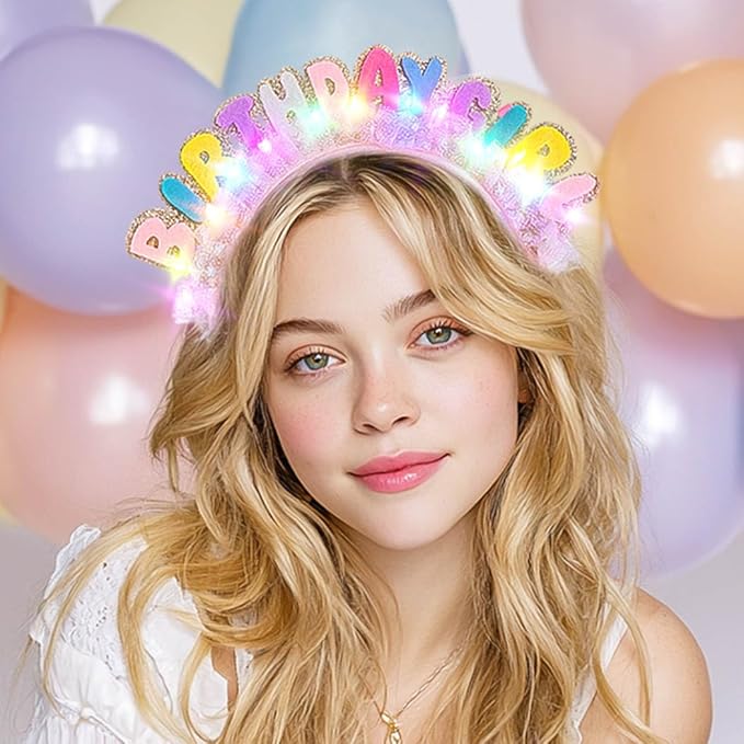 Light Up Birthday Girl Headbands LED Pink Birthday Crown Headpiece Glitter Party Hair Accessories for Women (Pink, One Size)
