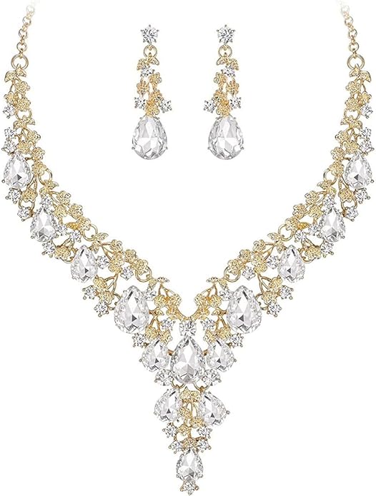 Bridal Bridesmaid Austrian Crystal Jewelry Set, Floarl rhinestone Statement Neckace Teardrop Necklace Drop Dangle Earrings Set