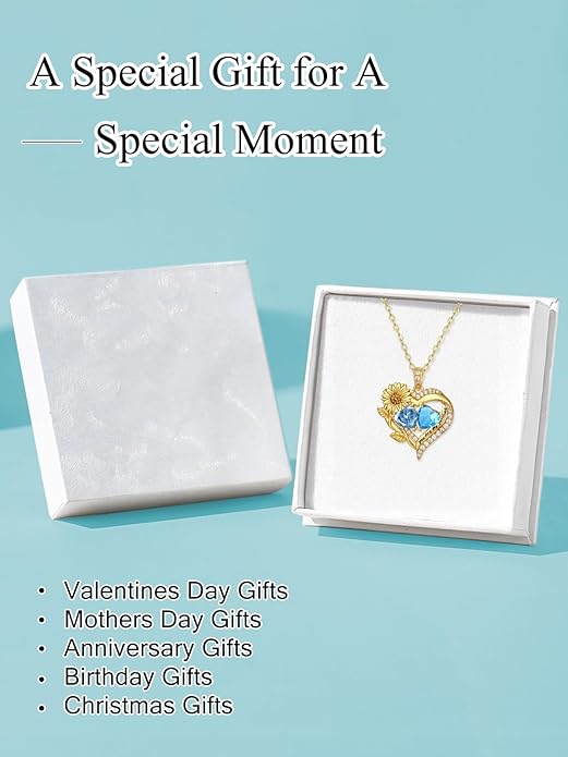 Sunflower Heart Necklace for Women 14K Gold Exquisite Valentines Day Anniversary Birthday Gifts for Wife Mother Her Double Birthstone Pendant Jewelry‘You Are My Sunshine’