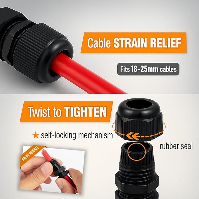 MGI SpeedWare 1" NPT Strain Relief Nylon Cord Grip Cable Glands, Black Plastic Grommet 20-Pack
