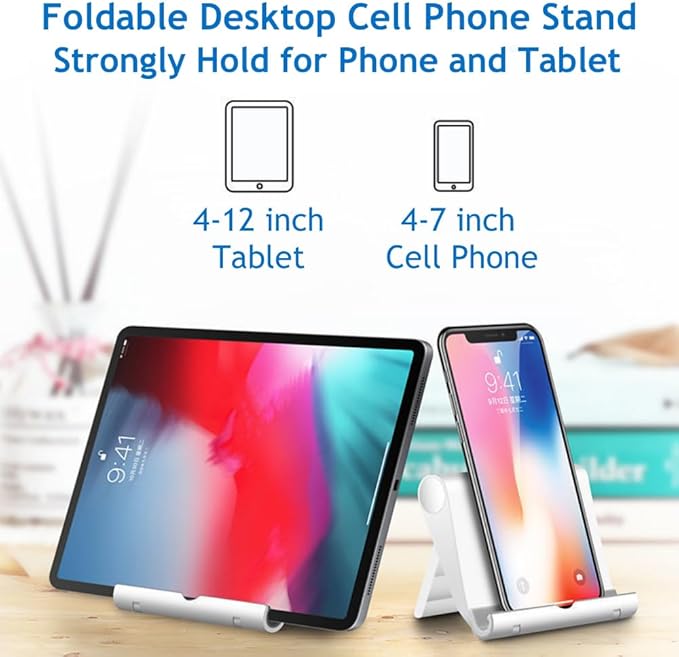 Cell Phone Stand for Desk Foldable Cell Phone Holder Desk Tablet Holder Mobile Phone Dock, Multi-Angle Universal Adjustable Tablet Dock Compatible with Most Cell Phones (White)
