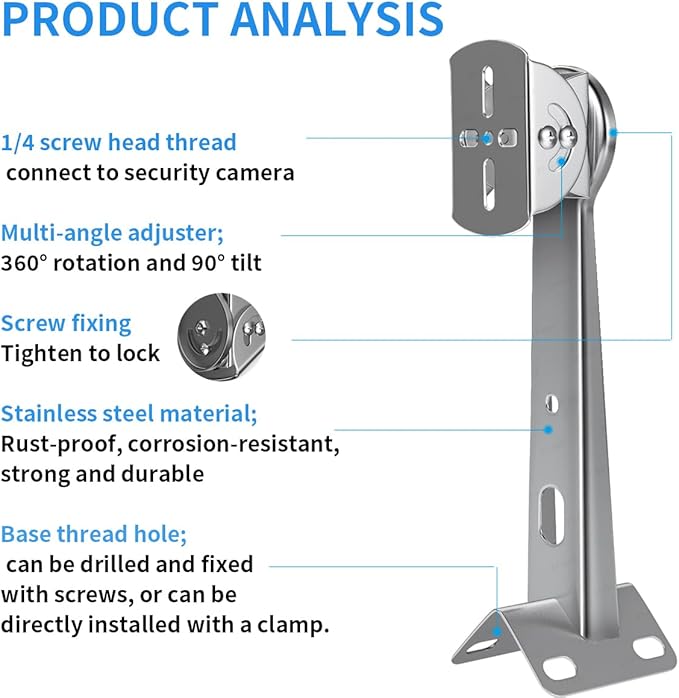 ZT-NET Security Camera Corner Pole Mounting Bracket Stainless Steel Mount with Extension Arm for Surveillance Systems Compatible with CCTV IP Cameras Indoor and Outdoor (Not Included Camera