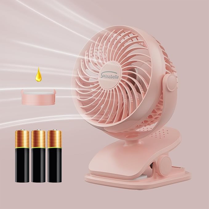 Shinebella AA Battery Powered Clip on Fan with 4-Speed, 5’’ Small Desk Fan with Aroma Function, USB Powered, 360°Rotation, Ultra Quiet, for Golf Cart, Stroller, Bedroom,Car(Batteries Not Included)