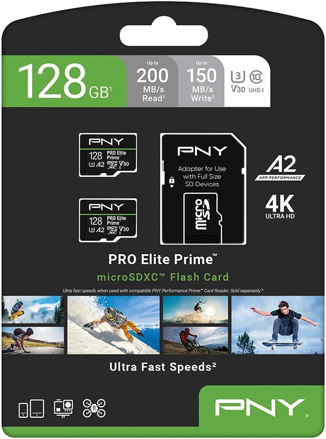 PNY 128GB PRO Elite Prime C10 U3 V30 A2 microSDXC Flash Memory Card – Ultra-Fast Speeds, Read 200MB/s, Write 150MB/s, 4K UHD, Full HD, UHS-I, for Smartphones, Drones, Action Cameras, 2-Pack