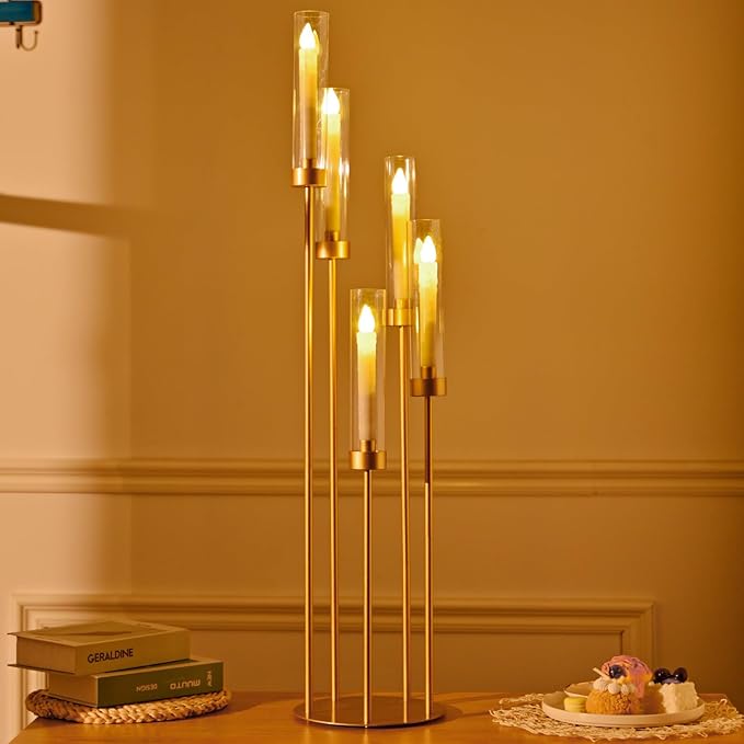 Tall 5 Arm Candle Holder for Wedding Table,39.4'' Tall Candelabra with Acrylic Lampshade for Birthday Party Home Decoration Halloween Christmas Day Fit LED Taper Candles