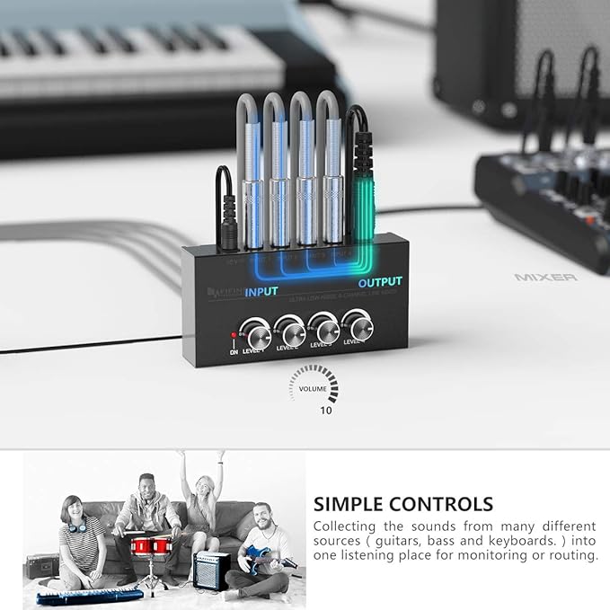 FIFINE Ultra Low-Noise 4-Channel Line Mixer for Sub-Mixing,4 Stereo Channel Mini Audio Mixer with AC adapter.Ideal for Small Club or Bar. As Microphones,Guitars,Bass,Keyboards or Stage Sub Mixer-N5