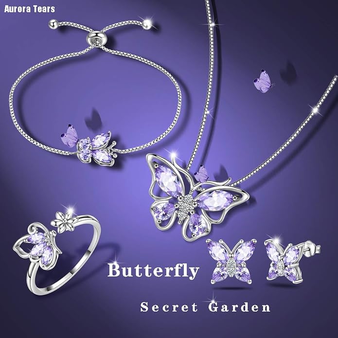Aurora Tears Butterfly Jewelry,Women 925 Sterling Silver Butterflies Birthstone Pendant Necklace/Earrings/Rings Wedding Gift