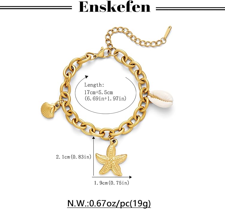 Gold Charm Bracelet for Women Boho Adjustable Shell Starfish Bracelet Summer Beach Ocean Statement Bracelets