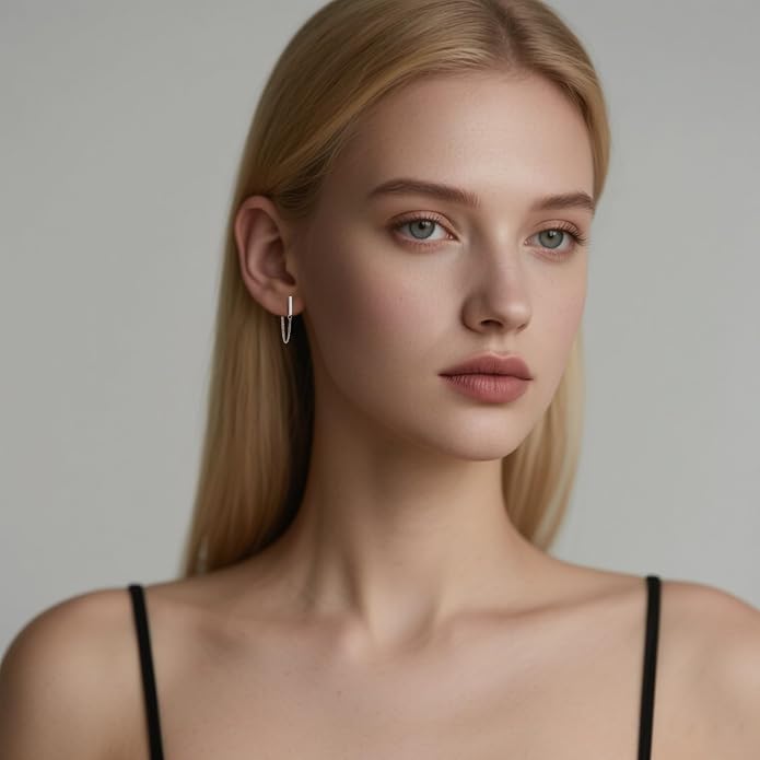 Reffeer Solid 925 Sterling Silver Stud Earrings Minimalist Bar Earrings with Chain Dangle Earrings For Women
