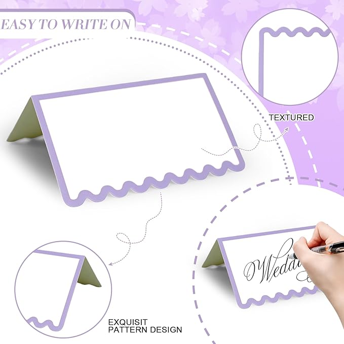 150 PCS Purple Scalloped Place Cards 2 x 3.5 Inch Blank Tented Place Card Name Cardstock Seat Assignment Label Card Reserved Table Signs Seating Signs for Birthday Party Wedding Setting
