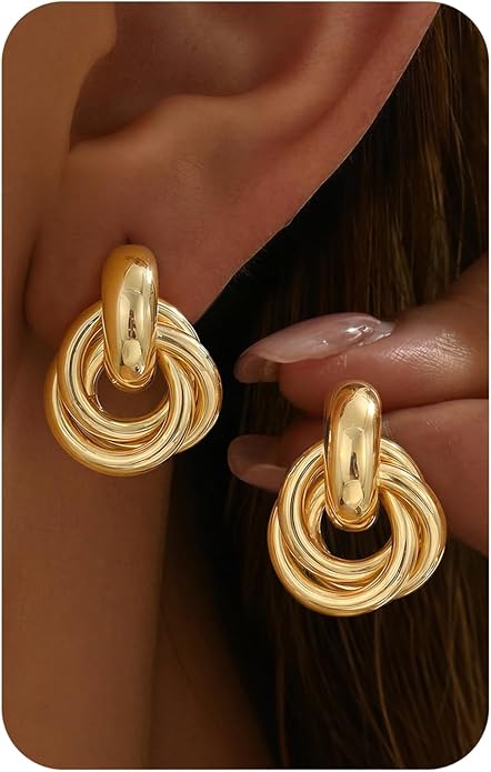 14K Gold Plated Knot Statement Earrings for Women Hypoallergenic Chunky Drop Dangle Earrings - Lightweight Fashion Accessories Gold Jewelry Gifts for Womens Trendy