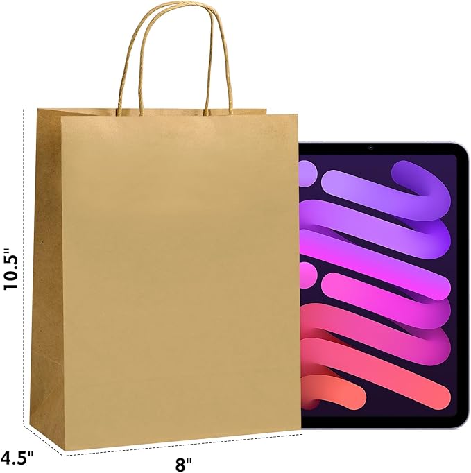 REMTAP Gift Paper Bags 8×4.5×10.5 50Pcs Kraft Bags with Handles Bulk Gift Bag for Wedding Party Craft Retail Packaging, Shopping, Party Favor, Retail Bag (Brown-M-50pcs, 8 * 4.5 * 10.5)