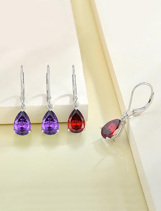 YL 925 Sterling Silver Teardrop Dangle Drop Earrings for Women 7x10 MM Solitaire Birthstone Leverback Jewelry