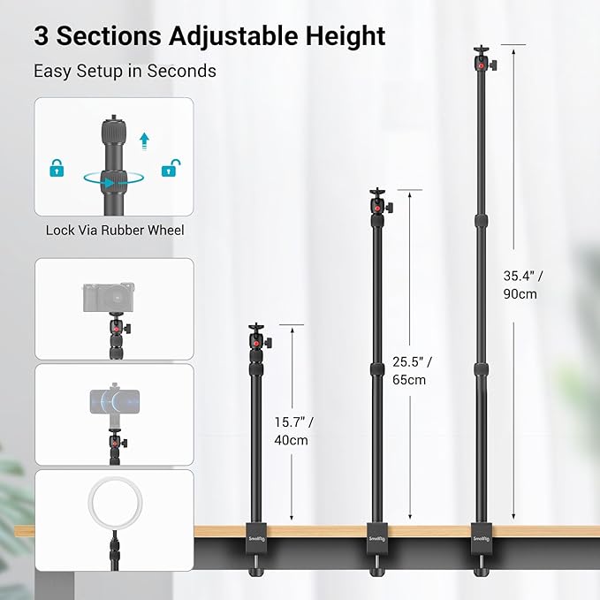 SmallRig Camera Desk Mount Table Stand, Adjustable Light Stand 15"-35", Tabletop C Clamp for DSLR Camera, Ring Light, Live Streaming, Photo Video Shooting