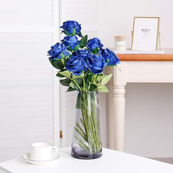 Tifuly 50 Pcs Blue Roses Artificial Flowers Bulk,Realistic Long Stem Fake Silk Roses for Wedding Centerpiece Table Vases Party Home Kitchen DIY Bouquets Decor