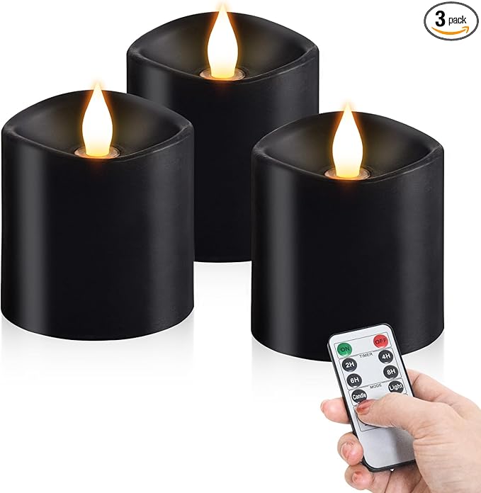 3x3 Flickering Flameless Candles Set of 3, LED Battery Candles Flickering,with Timer, 3 inch Flameless Candles with Remote,Battery Operated Candles, Holiday Home Decor for,Black