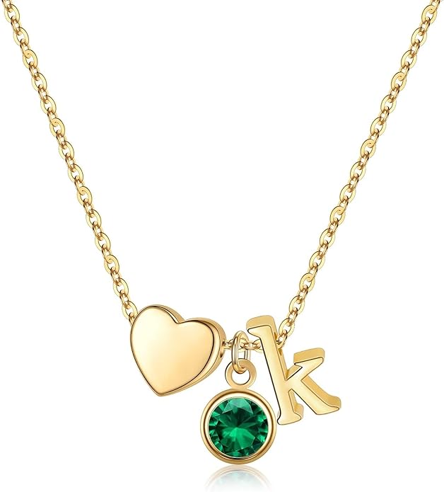 Ursilver Initial Birthstone Necklace for Women - Heart Initial Birthstone Pendant Necklace Personalized Gifts Birthday Gifts for Women