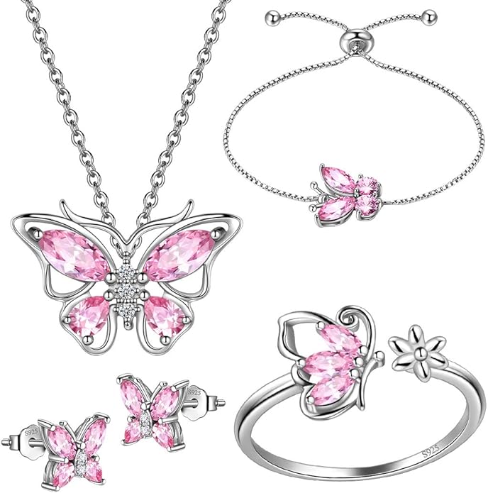 925 Sterling Silver Birthstone Butterfly Jewelry Women Crystal Animal Cute Butterflies Birthday Necklace/Earring/Ring/Bracelet Sets Birth Stone Statement Anniversary Jewellery