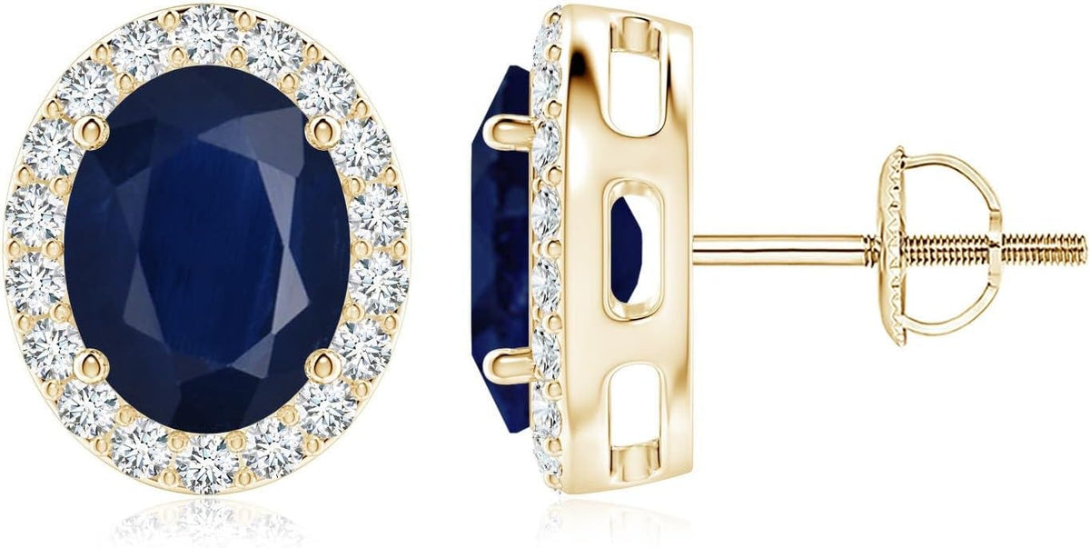 ANGARA Natural Blue Sapphire Earrings for Women | Prong-Set Oval Blue Sapphire Stud Earrings with Diamond Halo in 14K Solid Gold/Platinum | September Birthday, Anniversary, Gemstone Jewellery Gift