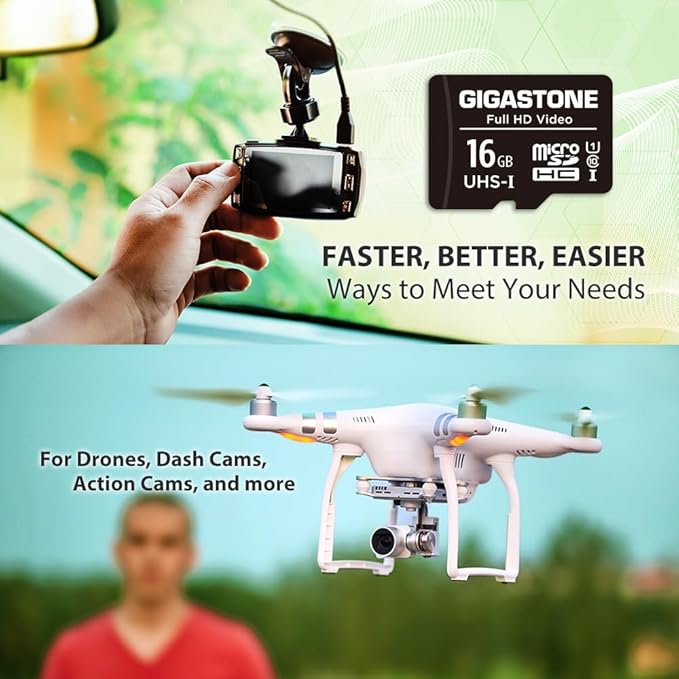 GIGASTONE 16GB 5-Pack Micro SD Card, FHD Video, Surveillance Security Cam Action Camera Drone, 85MB/s Micro SDHC UHS-I U1 Class 10, with Adapters