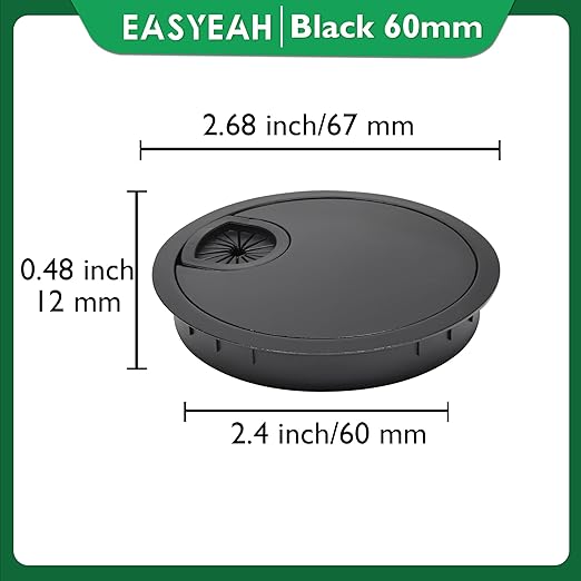 2 Pcs Desk Grommet 2-3/8" / 60 mm, Desk Cord Hole Cover, Cable Grommet Metal Zinc Alloy Materilal, Desk Hole Grommet for Home & Office Pc, Detachable Cable Cord Organizer-Flat Black