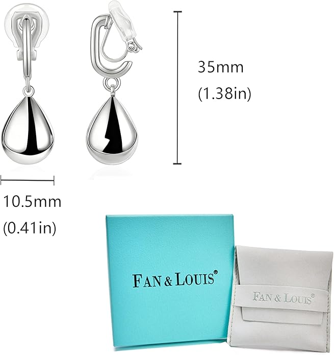 FAN&LOUIS Sliver Teardrop Clip On Earrings for Women，Non-Pierced Trendy Statement Dangle Water Drop Women's Hypoallergenic Clip-On Earrings