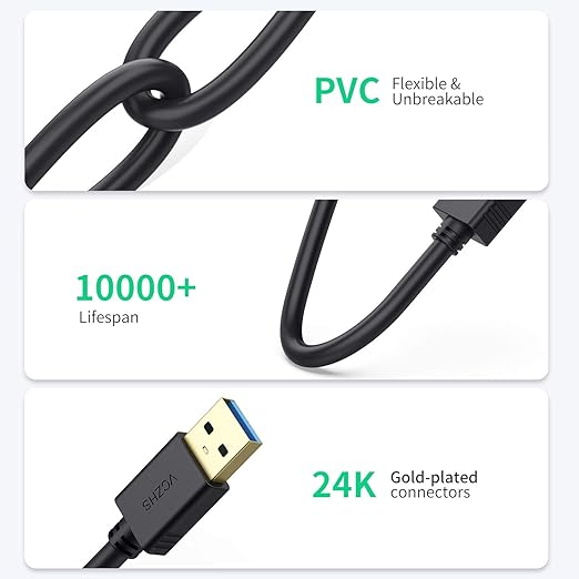 VCZHS Tech USB Extension Cable 6.6ft, USB 3.0 Extender for High-Speed Data Transfer & Fast Charging, Durable & Flexible for Mouse, Keyboard, Printer, Flash Drive, Webcam, and More
