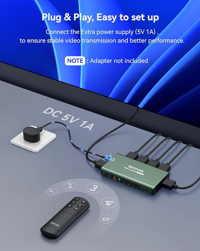 HDMI Switch 5 in 1 Out 4K@60Hz, GANA HDMI Splitter Switcher with Remote, Aluminum HDMI 2.0 Switch Box Hub for 3D, HDCP2.2, HDR, Compatible with Xbox, PS5/4/3,Fire Stick,Roku,Blu-Ray Player, Green