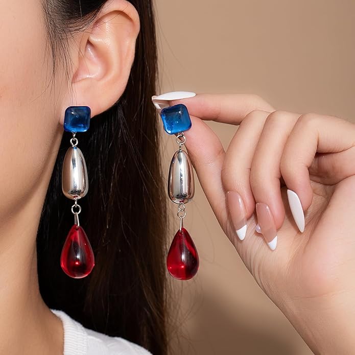 Colorful Statement Drop Earrings with Blue Square, Silver Bead and Red Teardrop Dangle, Bold Geometric Fashion Jewelry for Women