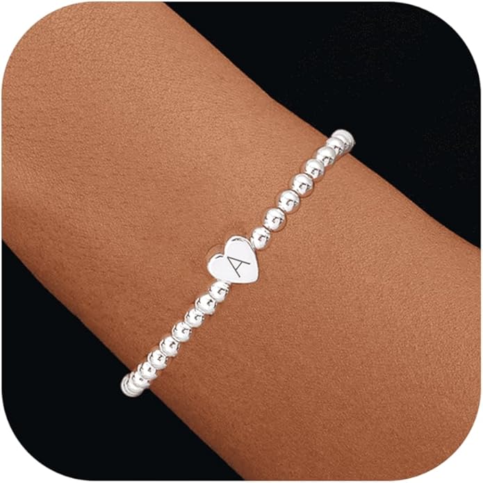 Valentines Day Gifts for Women Her - Dainty Beaded Heart Initial Bracelets Letter A-Z Charm Stretch Bead Ball Bracelet Trendy Jewelry Gifts