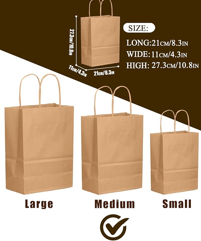 qiqee 200-Packs Brown Paper Gift Bags with Handles Bulk 10.6"x8.3"x4.3" Medium Size Paper Bags Multiple Uses