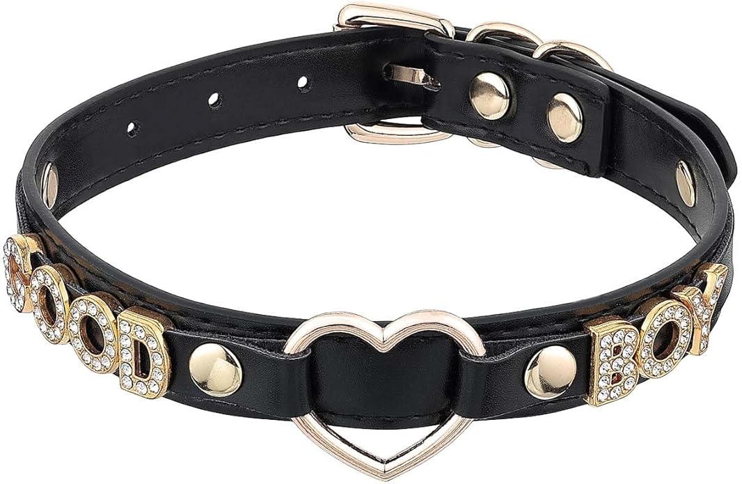 Handmade Gold Heart O-Ring Letter Choker Necklace for Women, Adjustable PU Leather Black/Pink Choker Collar For Women, Goth Choker Collars Necklace
