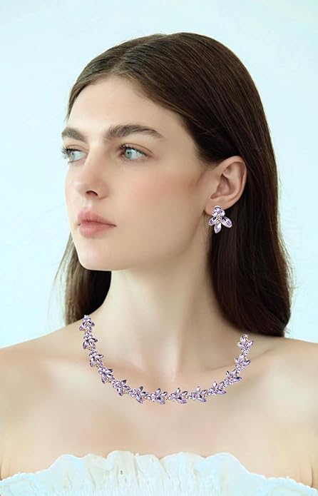 Bridal Wedding Crystal Leaf Choker Necklace Dangle Earring Bracelet Brides Bridesmaid Jewelry Set for Women