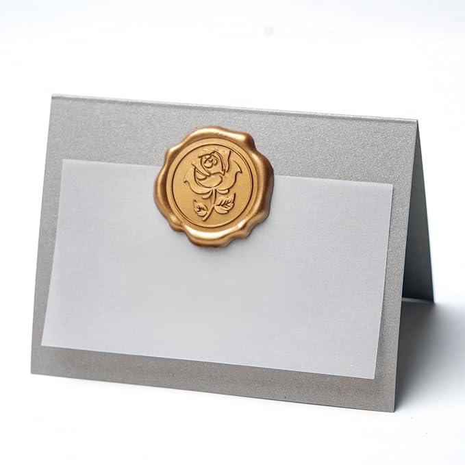 25 Pack Name Cards for Table Setting, Place Cards with Antique Gold Rose Wax Seal Sticker for Wedding, Table Tent Card Stock Handmade Decor for Party, Dinner, Home (Pearlized Silver Gray)