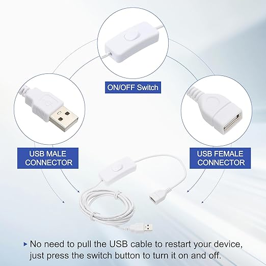 MECCANIXITY USB Extension Cable with ON/Off Toggle Switch 2m USB Male to Female Extension Cord for Desk Lamp Fan LED Light Strip White Pack of 1
