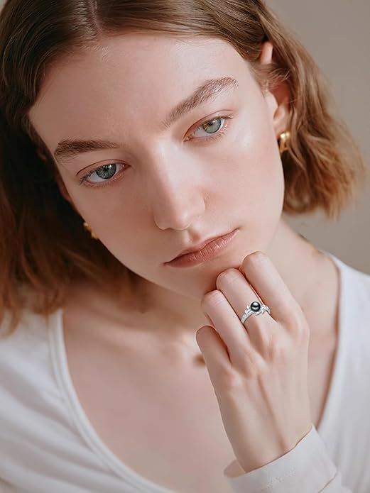 Tahitian Black Pearl AAAA 18K White Gold Plated Sterling Silver Rings for Women Wife Mom Girlfriend Valentine Her Jewelry Gift for Christmas Wedding Anniversary Birthday Graduation