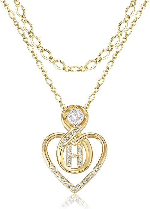 Heart Letter Necklaces for Women 14K Gold Plated Cubic Zirconia Heart Initial Layered Necklace Infinity Pendant Necklace Letter Initial Jewelry for Women